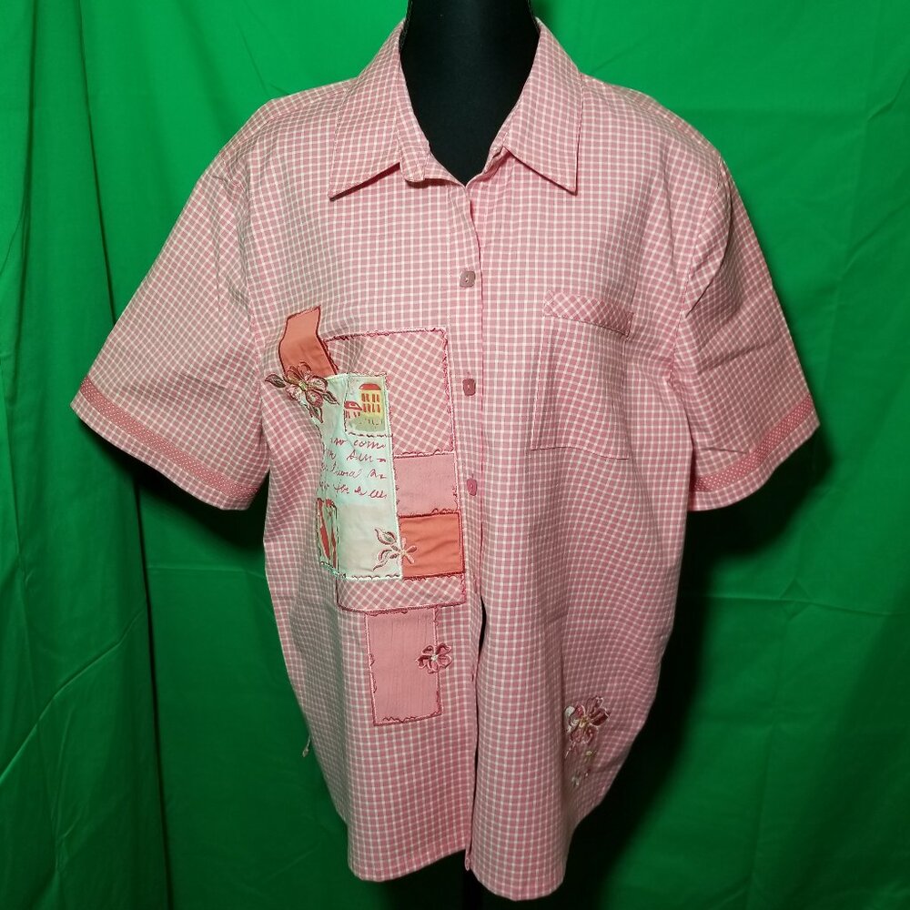 Vintage Koret Womens XL Shirt Check Patchwork Quilted Buttoned Pink White Retro